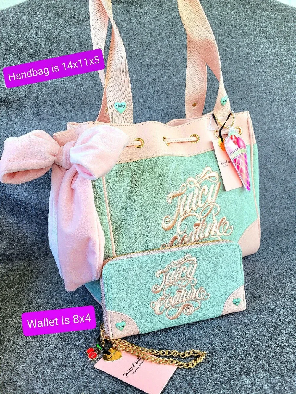 NWT Juicy Couture Sugar Rush Tote Handbag and Matching Wallet in Frosty Green